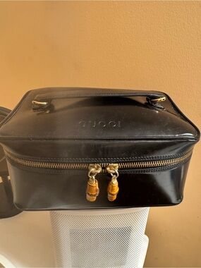 Vintage Gucci Black Leather Bamboo Vanity Cosmetic Train Case Italy
